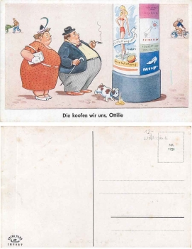 Couple degreasing pills advertising pillar with dog * ca. 1940