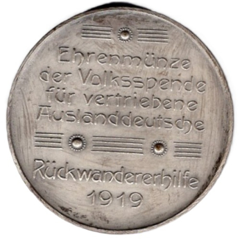 Ehrenmünze 1919 Volksspende für vertriebene Auslandsdeutsche Rückwandererhilfe 