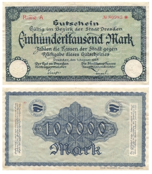 One hundred thousand mark voucher city of Dresden August 4, 1923