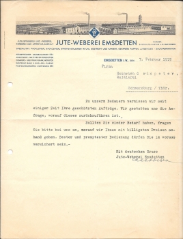 Emsdetten Jute-Weberei Briefkopf mit Firmenansicht 1939