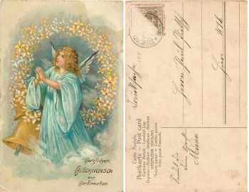Blauer Engel mit Glocke Blumenkranz Geburtstag, gebr. 1900