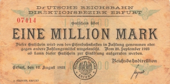 Erfurt Deutsche Reichsbahn One Million Mark Voucher 1923 Emergency Money