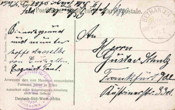Etiro Aufenthalt Feldpost Etappenstempel Bethanien o 1906 Anwesen des von hereros ermordeten Farmers Joost