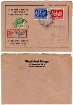Export fair Hanover FDC first day cover as R-Brief 22.5.1948 to Mellingen