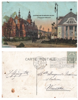 Exposition de Bruxelles 1910 Le Restaurant Allemand Flaggenstempel 23.8.1910