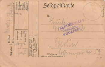 Field postcard with censorship stamp Felülvizsgalva Checked Budapest 29 November 21, 1915