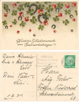 Pilze Hufeisen Kleeblätter Geburtstagskarte 1934