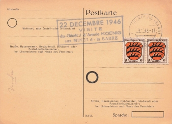 Zone Francaise Michel 2 waagerechtes Paar auf KArte 22. December Visite du General d Armee Koenig