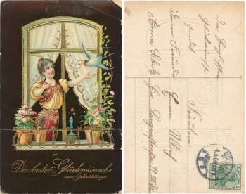 Woman at the window Gold embossed litho birthday card o 1.5.1909