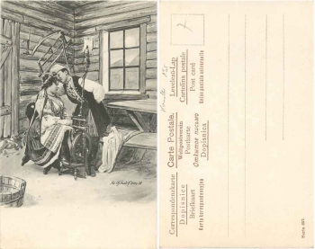 Woman at Spinning Wheel Artist card Fec. Ch. Scolik * ca. 1900
