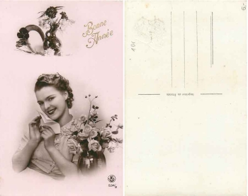 Frau mit Brief und Rosen Neujahrskarte * ca. 1930