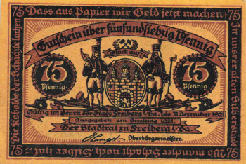 Freiberg Sachsen Notgeldschein Bergbau 75 Pfennig 1921