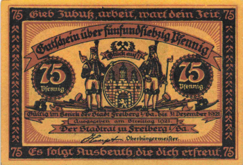 Freiberg Sachsen Notgeldschein Bergbau 75 Pfennig 1921