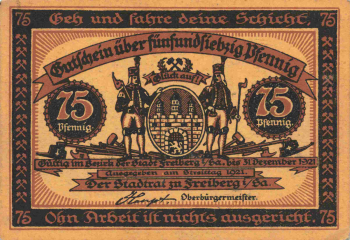 Freiberg Sachsen Notgeldschein Bergbau 75 Pfennig 1921