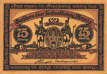 Freiberg Sachsen Notgeldschein Bergbau 75 Pfennig 1921
