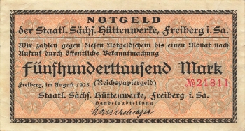 Freiberg Saxon Ironworks Five hundred thousand marks August 1923 emergency money