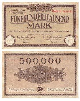 Five hundred thousand mark voucher city of Dresden August 4, 1923
