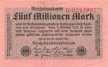Fünf Million Mark Reichsbanknote 20. August 1923 RO104a DEU-117a Rosenberg 104a DEU 117a