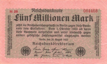 Five million marks Reichsbanknote August 20, 1923 RO104b DEU-117b