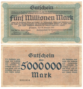 Five million mark voucher for the city of Plauen in Vogtland August 20, 1923