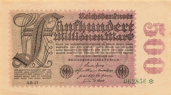 Funfhundert Million Mark Reichsbanknote 1. September 1923 RO109d DEU-125h WZ: Hakensterne Rosenberg 109d DEU 125h