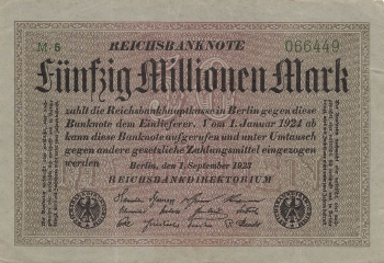 Fünfzig Million Mark Reichsbanknote 1. September 1923 RO108b DEU-122b WZ: Kreuzblüten Rosenberg 108b DEU 122b