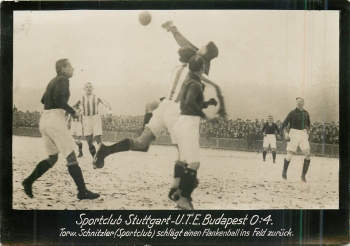Soccer Sportclub Stuttgart - U.T.E. Budapest goalkeeper Schnitzler real photo around 1920