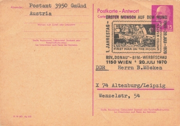 Postal stationery answer 15 Pfennig Ulbricht special stamp "the first man on the moon" o Vienna stamp show July 20, 1970