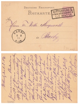 Wittenberg1 box stamp on postal stationery 5 Pfennig o 1.2.1884 after Barby