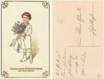 Child with a bouquet of flowers and an envelope Gold edging card used. around 1915