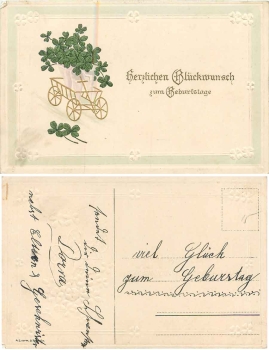 Birthday cart with clover leaves around 1910