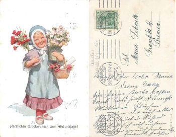 Child with flower pots Birthday artist card K. Feiertag o 20.7.1912