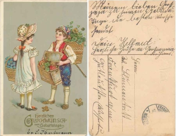 Pilze Kleeblätter Geburtstagskarte Goldschnitt o 12.04.1911