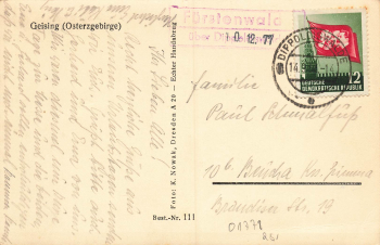 01778 Geising Erzgebirge, rural postmark Fuerstenwald, dated 14.9.1953