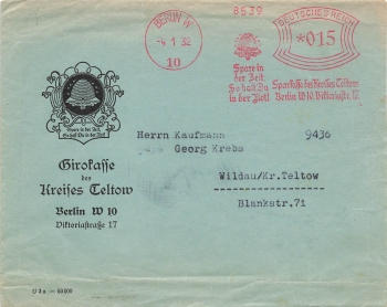 Girokasse Teltow district sender indicia on letter o Berlin 4.1.1932 to Wildau