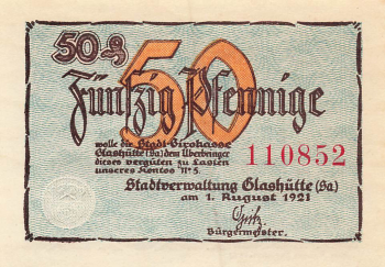 01768 Glashütte Sachsen Notgeldschein 50 Pfennig Deutsche Uhrmacherschule 1921
