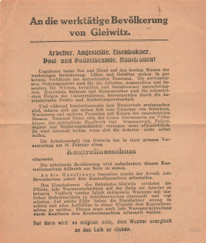 Gleiwitz Oberschlesien Kontrollausschuss gegen Wucher Flugblatt um 1920