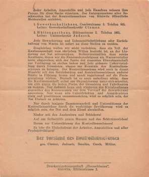 Gleiwitz Oberschlesien Kontrollausschuss gegen Wucher Flugblatt um 1920