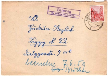15938 Glienig above Luckau (Lower Lusatia) country postmark o 7.6.1956