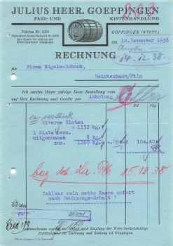 Goppingen barrel and crate store Julius Heer letterhead 1938