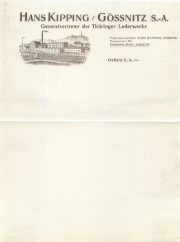 04639 Gößnitz S.-A. Generalvertreter Thüringer Lederwerke Hans Kipping Briefkopf um 1920