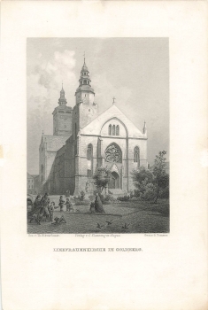 Goldberg Liebfrauenkirche original steel engraving by Huber after Theodor Blattbauer around 1887 