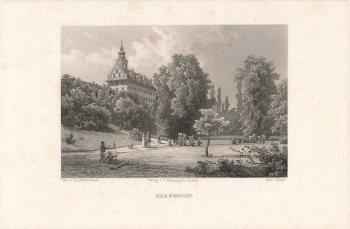 Grafenort castle view (north of Habelschwerdt) original steel engraving by Huber after Theodor Blattbauer around 1887 