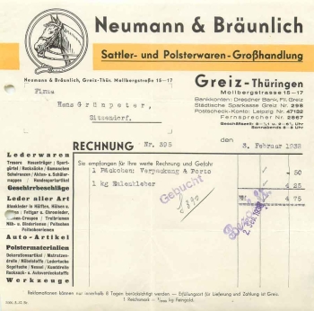 07973 Greiz Saddlery Neumann & Braeunlich letterhead with horse 1938