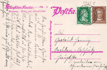 04668 Grimma – Weir and suspension bridge – Artist-designed postcard – c. 1927