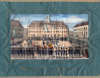 Grossenhain flag consecration July 15, 1855 old colored lithograph 20.5 x 15 cm
