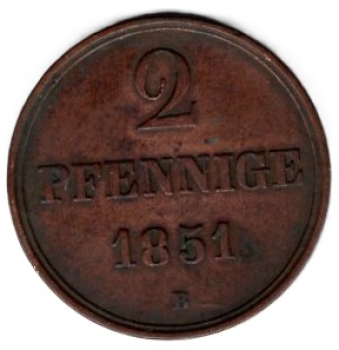 HANOVER 2 Pfennig 1851 B King Ernst August