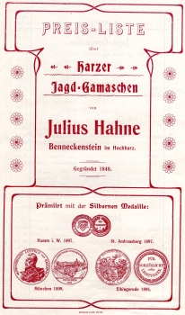 Harzer Jagd Gamaschen Julius Hahne Benneckenstein Preisliste um 1900