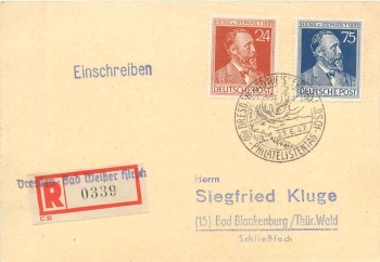 Joint issues Michel 963 964 on R-cover with special postmark Dresden Philatelistentag 23.6.1947