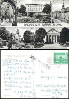 99735 Herreden Landpoststempel auf AK Nordhausen o 24.6.1974